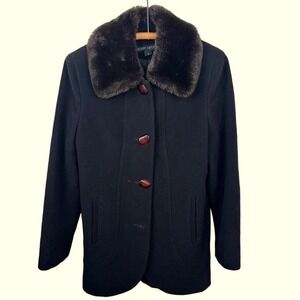 80s Albert Nippon Made in USA Black Wool 4-Button Coat Faux Fur Collar Womens M